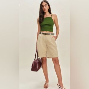 Reformation Malia Mid Rise 10” Trouser Twill Shorts in khaki
